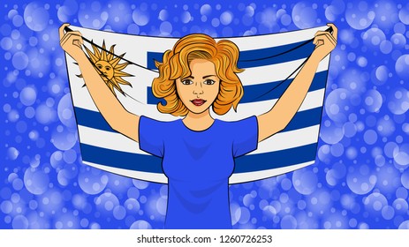 Blonde girl holding a national flag of Uruguay