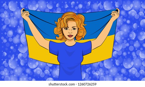 Blonde girl holding a national flag of Ukraine
