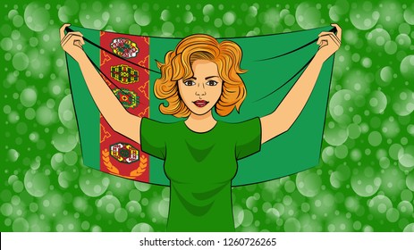 Blonde girl holding a national flag of Turkmenistan
