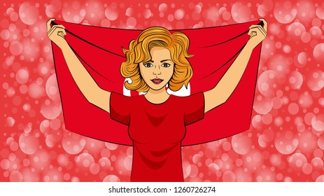 Blonde girl holding a national flag of Tunisia