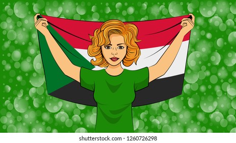 Blonde girl holding a national flag of Sudan