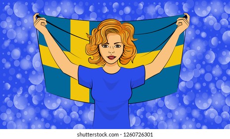 Blonde girl holding a national flag of Sweden