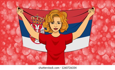 Blonde girl holding a national flag of Serbia