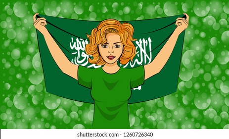 Blonde girl holding a national flag of Saudi Arabia