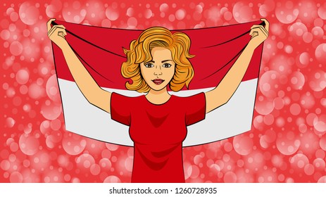 Blonde girl holding a national flag of Monaco