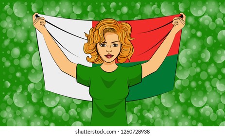 Blonde girl holding a national flag of Madagascar