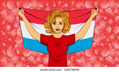 Blonde girl holding a national flag of Luxembourg