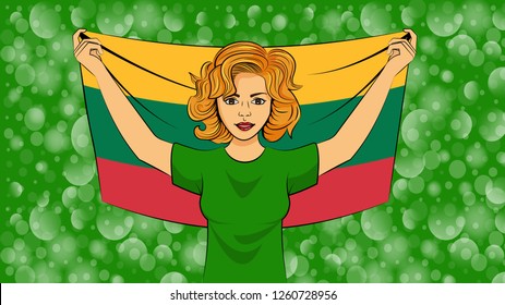 Blonde girl holding a national flag of Lithuania