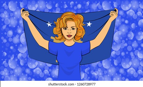 Blonde girl holding a national flag of Kosovo