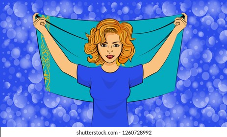 Blonde girl holding a national flag of Kazakhstan