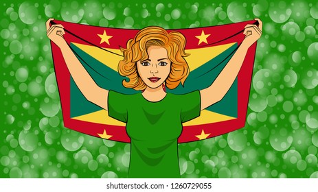 Blonde girl holding a national flag of Grenada