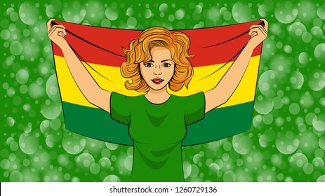 Blonde girl holding a national flag of Bolivia
