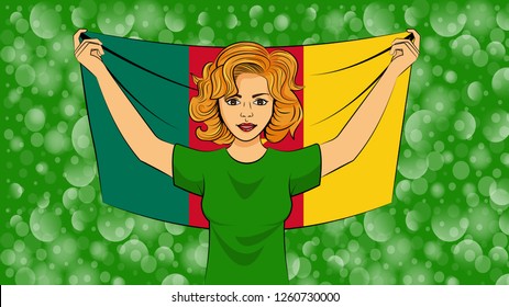 Blonde girl holding a national flag of Cameroon