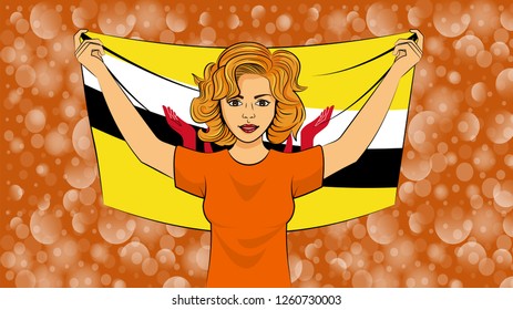 Blonde girl holding a national flag of Brunei