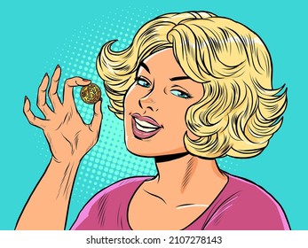 A blonde girl holds a bitcoin coin in her hands. Cryptocurrency virtual money. Pop Art Retro Vector Illustration Vintage kitsch 50s 60s Style