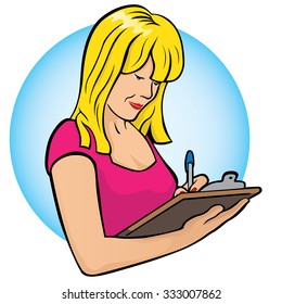 Blonde girl Illustration writing on a clipboard with pen. Ideal for catalogs, informative and institutional material