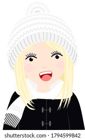 Blonde girl in knitted winter bobble hat and scarf. Clear backed cute vector cartoon graphic