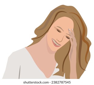 Muchacha rubia riéndose con los ojos cerrados sosteniendo la frente con la mano, mujer alegre se ve feliz y graciosa, dibujo plano cortado en transparente