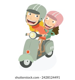 Blonde girl and little girl driving a scooter. Vector Illustration.