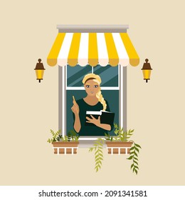 A blonde girl with a long braid looks out of the window and holds a book in her hand. Building facade elements vector illustration.