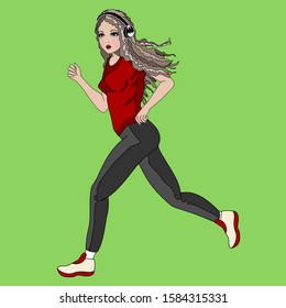 blonde girl with long hair and  headphones dressed in a red T-shirt and gray jogging pants runs on the lawn, color vector illustration