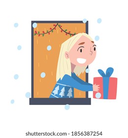Blonde Girl Looking out of the Window, Kid Giving or Receiving Christmas Gift, Merry Xmas and New Year, Happy Winter Holidays Concept Vector Illustration