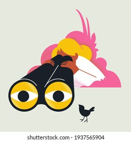 La chica rubia se ve a través del binocular. Un pájaro lindo cerca.Buscar. Buscar. Graciosa ilustración vectorial para buscar páginas web y aplicaciones