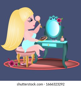 blonde girl makeup dressing table combing her hair in the mirror pink blue dress