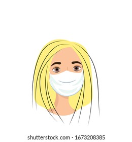 
Blonde girl in a medical mask isolated on white background. Precautions against virus, air pollution, smog. Nursing staff in a flat style. Outbreak Defense. Stock vector illustration for design.