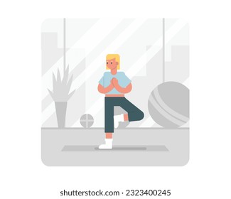 Blonde girl meditating in yoga pose. Regular physical activity and healthy lifestyle. Training indoor alone. Workout to loss weight. Vector illustration