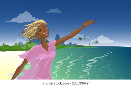 
blonde girl on the background of the sea, the beach, the mountains,