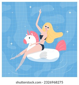 Blonde Girl on an Inflatable Mattress in the Shape of a Unicorn in the Pool Retro Vector Illustration Summer Holidays and Weekends