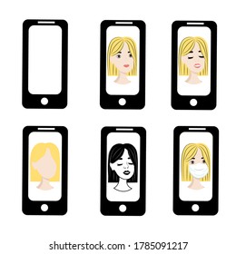 Blonde girl on the phone screen. Emotions of a woman on the screensaver of a smartphone. Remote communication using gadgets. Stock vector illustration for business, internet, social networks.