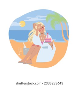 Blonde girl on the seashore with a cake in her hands celebrates a birthday