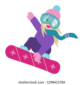 Blonde girl on a snowboard. Vector illustration.