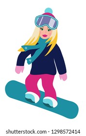 Blonde girl on a snowboard. Vector illustration.