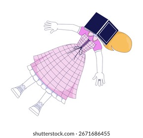 Menina loira com livro aberto no rosto 2D personagem de desenho animado. Sonhador lendo cochilo. Jovem mulher deitada em vestido xadrez retro pessoa vetor plana isolado no branco. Ilustração especial colorida