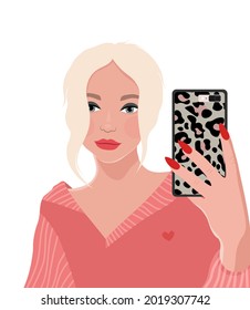 Blonde girl with phone. Selfie girl. Vector illustration