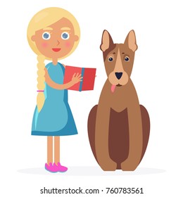 Blonde girl with pigtail stands with bull terrier and holds red open book closeup vector illustration isolated on white.
