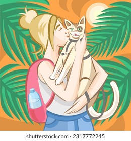 Blonde girl with pink backpack petting blonde cat in grey pet leash during outside walking in tropical landscape with palms leaves and sunset sky - vector illustration