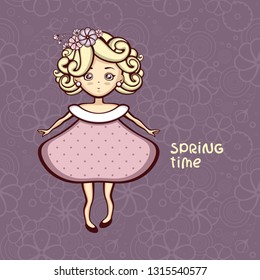 Blonde Girl in pink dress with floral diadem. Spring time vector illustration. Cartoon character. Cute doll.