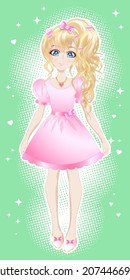 Blonde girl, in a pink dress in the style of anime, manga. Vector image.
