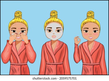 A blonde girl in a pink dressing robe with a bun on her head applies acne cream to her face, waits for time and then they serve. Blue background. The character. Hygiene. Instruction. Skin problem.