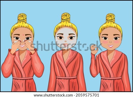 A blonde girl in a pink dressing robe with a bun on her head applies acne cream to her face, waits for time and then they serve. Blue background. The character. Hygiene. Instruction. Skin problem.