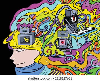 Blonde girl with pink hair and turtleneck clothes with robots and random objects like piano and colorful decorations. Can be used for website landing page cover design, presentation cover design.
