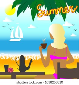 Blonde girl in pink swimsuit looks at the boat in the sea