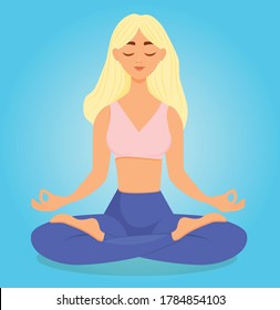 A blonde girl practices yoga in a lotus position. Vector illustration of a woman doing asanas. The concept of yoga, meditation, sports, healthy lifestyle. Young and happy woman meditates. Avatar