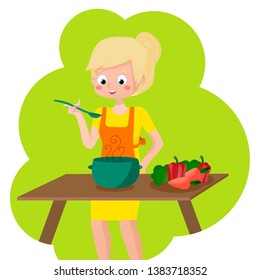 Blonde girl with prepares cooking vegetable soup. Broccoli, carrot and pepper soup. On the table is a purple pan with vegetables. The girl in the apron tastes the soup on green background.