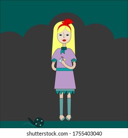 Blonde girl in purple dress. Alice in Wonderland from cartoon