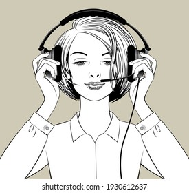 Blonde girl puts on headphones with a microphone. Vintage linear black and white drawing. Vector illustration